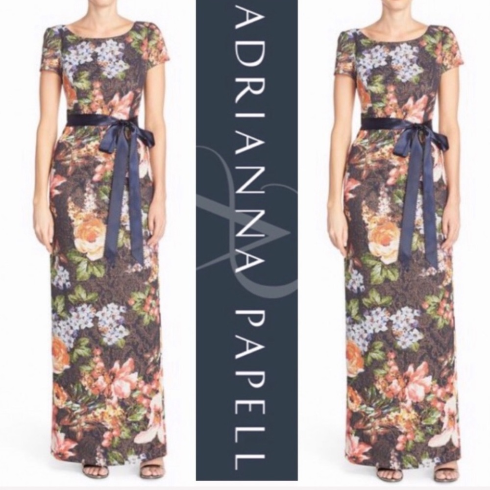 Adrianna-Papell floral short sleeves long gown - Picture 3 of 11